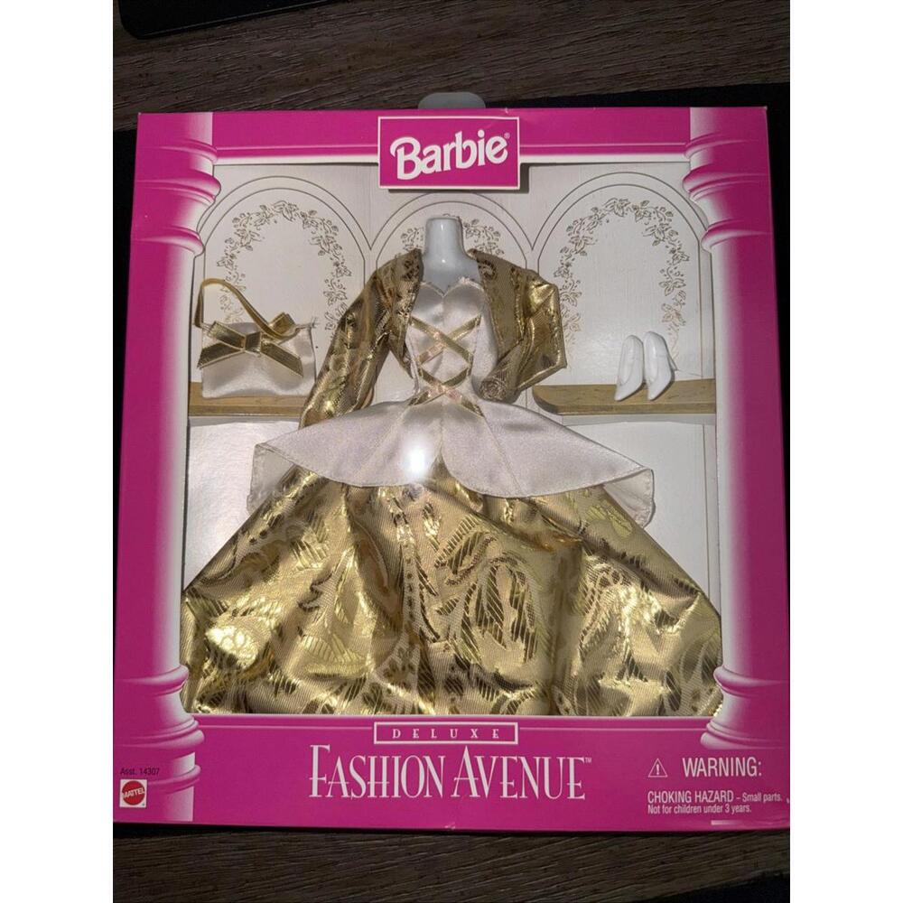 1995 Barbie Fashion Avenue Deluxe Ball Gown Gold Brocade 14307 Vintage Dress